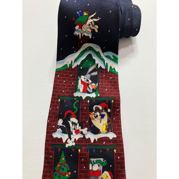 Vintage 90's Looney Tunes Bugs Bunny Tweety Taz Sylvester Mens Silk Tie Christma - Picture 3 of 7
